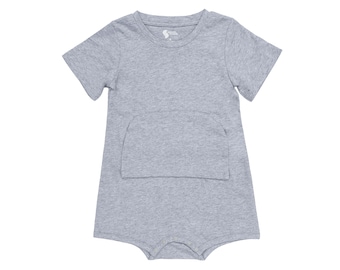 May include: A gray short-sleeved bodysuit with a pocket on the front.