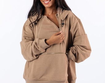 Khaki Adult Chest & Abdomen Zipper Access Hoodie Warm