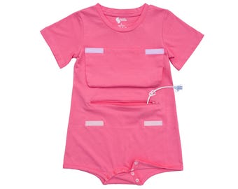 May include: Pink baby onesie with a white zippered pocket and two white flap pockets. The onesie has a white snap closure at the bottom.