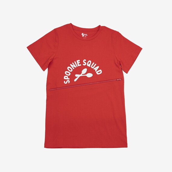 Red Spoonie Squad G-tube Zip Shirt, Tummy Access Tee, Diagonal