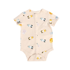 May include: A cream-coloured baby onesie with short sleeves and a snap closure. The onesie features a print of various animals, including giraffes, zebras, and lions.