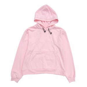 May include: A light pink hoodie with a drawstring hood and a kangaroo pocket. The sweatshirt has long sleeves and a relaxed fit. The hood has black drawstrings. The fabric appears to be a soft, comfortable material.