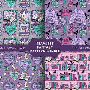 Puede incluir: Un paquete de patrones de fantasía sin costuras en tonos morado, rosa y verde azulado. Los diseños presentan libros, coronas, murciélagos, lunas, corazones y texto. Las palabras "Descarga instantánea" y "300 DPI PNG" también son visibles.