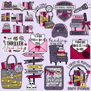 May include: A collection of stickers and illustrations with a thriller book club theme. Includes books, detective tools, crime scene elements, and text like "Thriller Book Club" and "Plot Twist Loading."