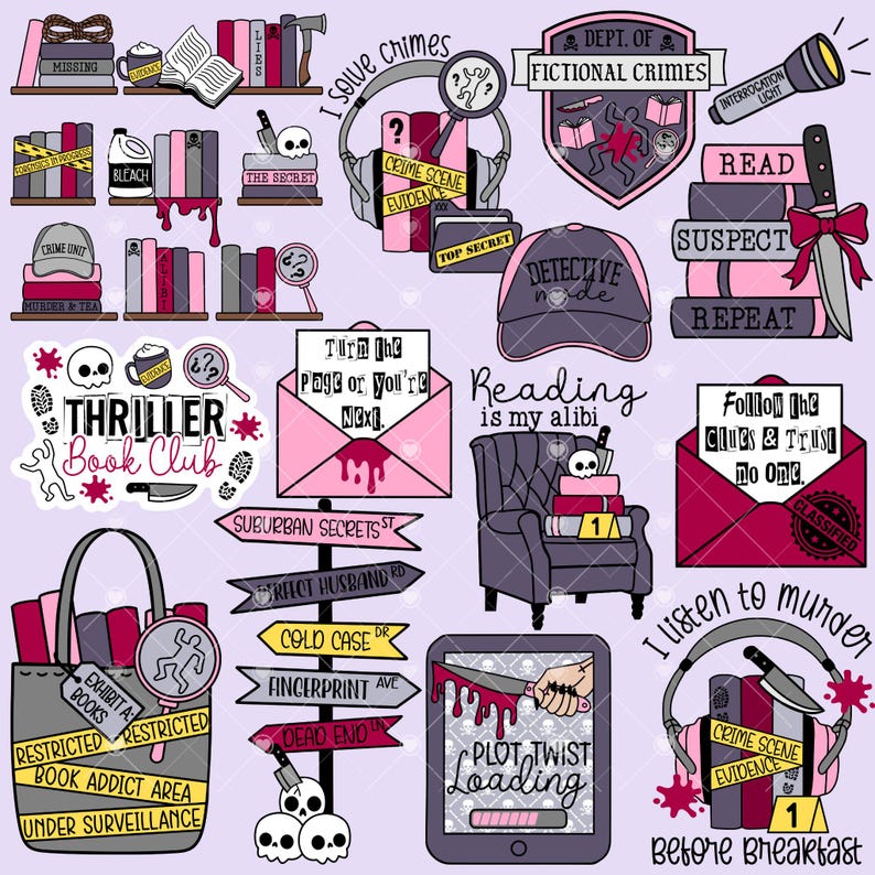 May include: A collection of stickers and illustrations with a thriller book club theme. Includes books, detective tools, crime scene elements, and text like "Thriller Book Club" and "Plot Twist Loading."