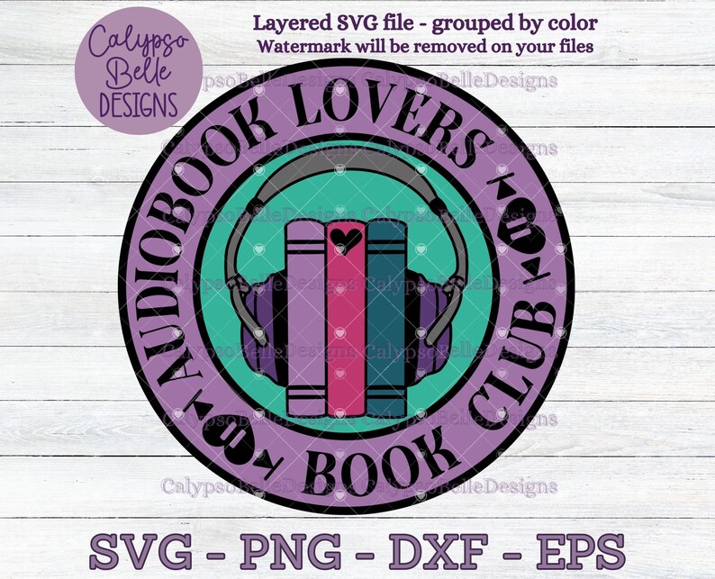 May include: Purple and teal circle logo with the text "Audiobook Lovers Book Club" and a graphic of a stack of books with headphones on top.