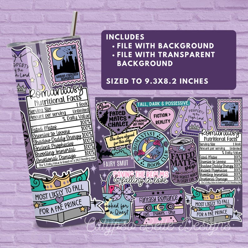 Fantasy Romance 20 oz Skinny Tumbler Wrap, Spicy Books png, Smut Reader, Romance Reader, Book Lover Tumbler, Sublimation Seamless Design image 2