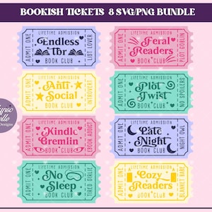 May include: Eight colorful ticket-style designs with book-themed text. The designs feature phrases like "Endless TBR", "Anti-Social", "Feral Readers", "Plot Twist", "Kindle Gremlin", "Late Night", "No Sleep", and "Cozy Readers".
