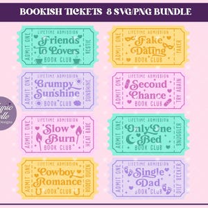 Book SVG Bundle, Book Tropes, Spicy Book PNG, Romance Bundle, Bookish Ticket Bundle, Reading svg, Bookmark svg, Friends to Lovers, Ticket