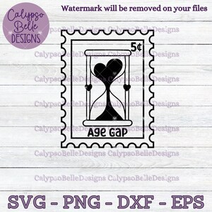 May include: A black and white graphic of an hourglass with a heart at the top, inside a vintage postage stamp with the text "Age Gap" and "5¢".