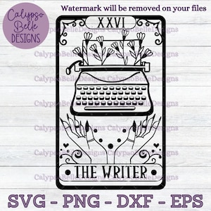 May include: Black and white illustration of a tarot card with the number XXVI and the words "THE WRITER" on it. The card features a vintage typewriter with flowers above it and two hands with long nails reaching out from the bottom.