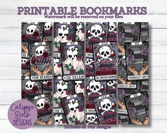 May include: Four printable bookmarks featuring a skull and crossbones design with a dark romance theme. The bookmarks include the text "Dark Romance", "The Reader", "The Villain", and "Morally Grey".