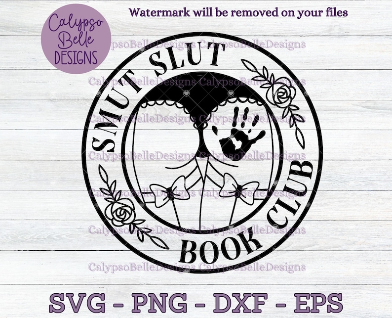 Może przedstawiać: Czarno-biały projekt graficzny koła z tekstem "SMUT BOOK CLUB" i słowem "SLUT" w większej czcionce nad nim. Wewnątrz koła znajdują się dwie postaci z kokardkami i odcisk dłoni.