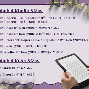 May include: A digital tablet displaying text, held by a person. The image includes a list of Kindle and Kobo sizes, with dimensions in inches, such as 4.9"x6.9". The background is a light purple with decorative leaves.