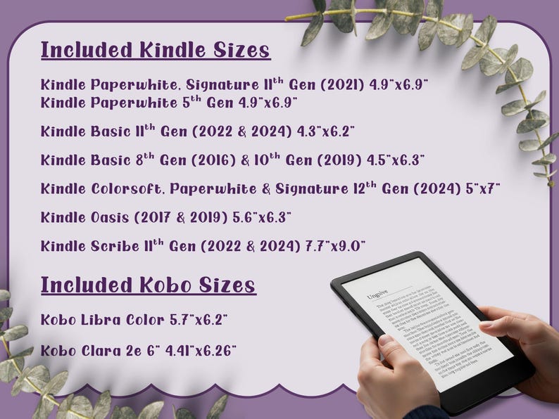 May include: A digital tablet displaying text, held by a person. The image includes a list of Kindle and Kobo sizes, with dimensions in inches, such as 4.9"x6.9". The background is a light purple with decorative leaves.