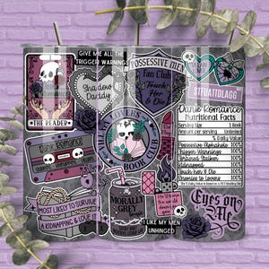 May include: A stainless steel tumbler with a grey and black design featuring various stickers with text like "Dark Romance," "Villain Lovers," and "Possessive Men." The tumbler includes a straw and a lid.
