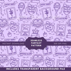 Può includere: Un motivo fantasy senza cuciture in viola, con illustrazioni disegnate a mano di cuori, corone, specchi e banner con testo come "Fantasy Reader" e "Dark Prince". Il design include una varietà di elementi fantasy romantici.