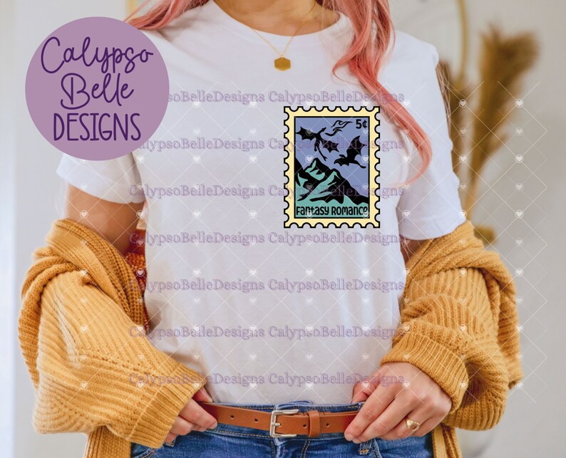May include: White t-shirt with a graphic of a vintage postage stamp featuring a fantasy romance theme with a dragon and the text "Fantasy Romance".