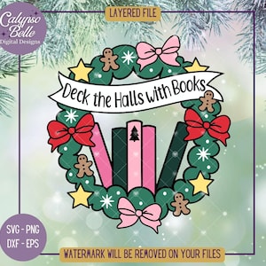 Corona de libros svg, Navidad literaria svg, Adorna los pasillos con libros svg, Es la temporada png, Navidad de moda png, Corona navideña de libros svg