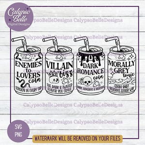 May include: Four black and white illustrated soda cans with spooky themed names and slogans. The cans are labelled "Enemies to Lovers Cola", "Villain Fizz", "Dark Romance Cola", and "Morally Grey Tonic".