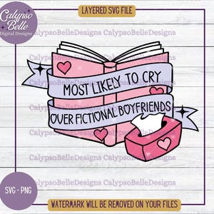 May include: A pink and purple book with the text "Most Likely To Cry Over Fictional Boyfriends" and a pink tissue box with a heart on it.