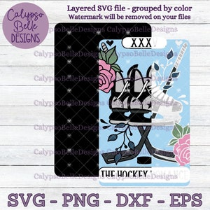 May include: A digital illustration of a hockey card with a blue background. The card features a pair of hockey skates, a hockey stick, and floral accents. The text "XXX" and "THE HOCKEY" are on the card.