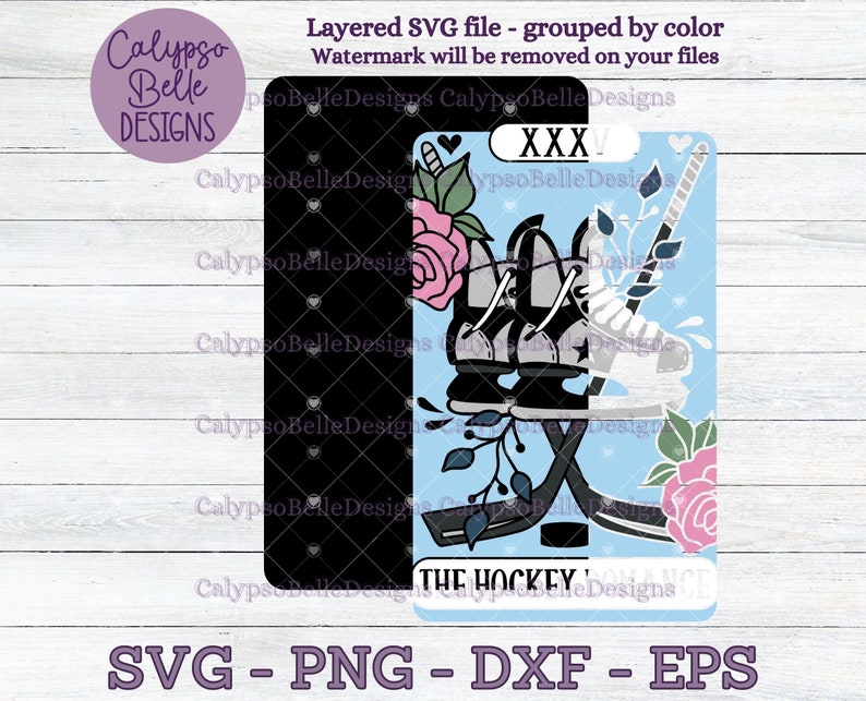 May include: A digital illustration of a hockey card with a blue background. The card features a pair of hockey skates, a hockey stick, and floral accents. The text "XXX" and "THE HOCKEY" are on the card.