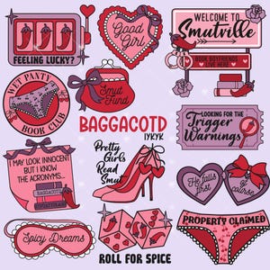 May include: A collection of pink and red graphic designs with text. Includes a slot machine with chili peppers, a heart with "Good Girl", a sign for "Smutville", a purse, dice, high heels, underwear, and an eye mask.
