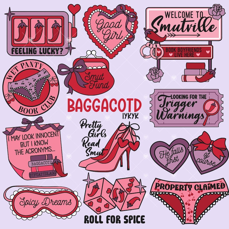 May include: A collection of pink and red graphic designs with text. Includes a slot machine with chili peppers, a heart with "Good Girl", a sign for "Smutville", a purse, dice, high heels, underwear, and an eye mask.