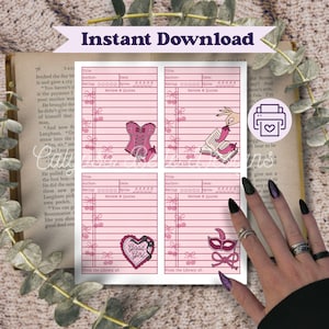 May include: Pink printable library cards with decorative elements, including a corset, a hand holding a book, a masquerade mask, and the words "Good Girl." The cards are labeled "Instant Download."