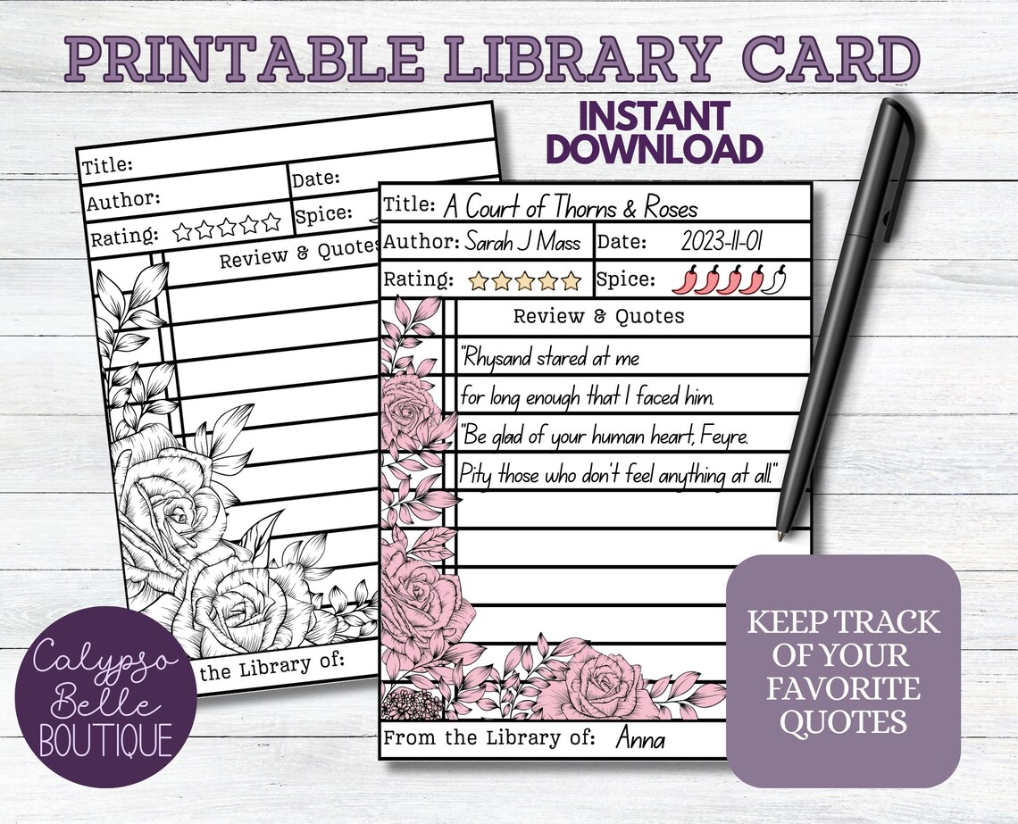 Library Card Printable, Instant Download Printable Card, Spicy Book ...