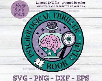 May include: A teal blue circle with the text "Psychological Thriller Book Club" in black. Inside the circle is a purple brain in a glass bottle, a magnifying glass with an eye, and a white open book.