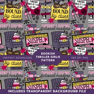 Op de afbeelding: Een herhalend patroon met misdaadscène-motieven zoals waarschuwingslint, schedels en bloedspatten. Het ontwerp bevat tekst zoals "Bound by Clues" en "Currently Solving fictional murders". Het thema is een boekachtige thriller.