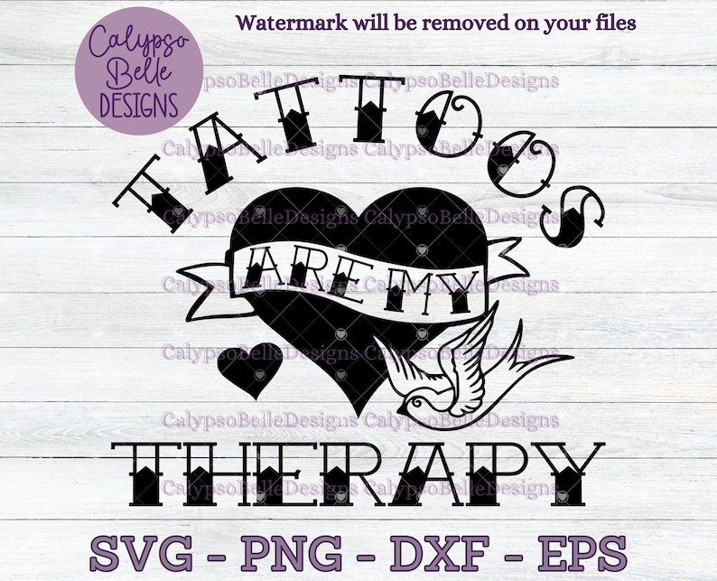 Op de afbeelding: Zwart-wit grafisch ontwerp met een hart en een vogel. De tekst luidt "Tattoos zijn mijn therapie".