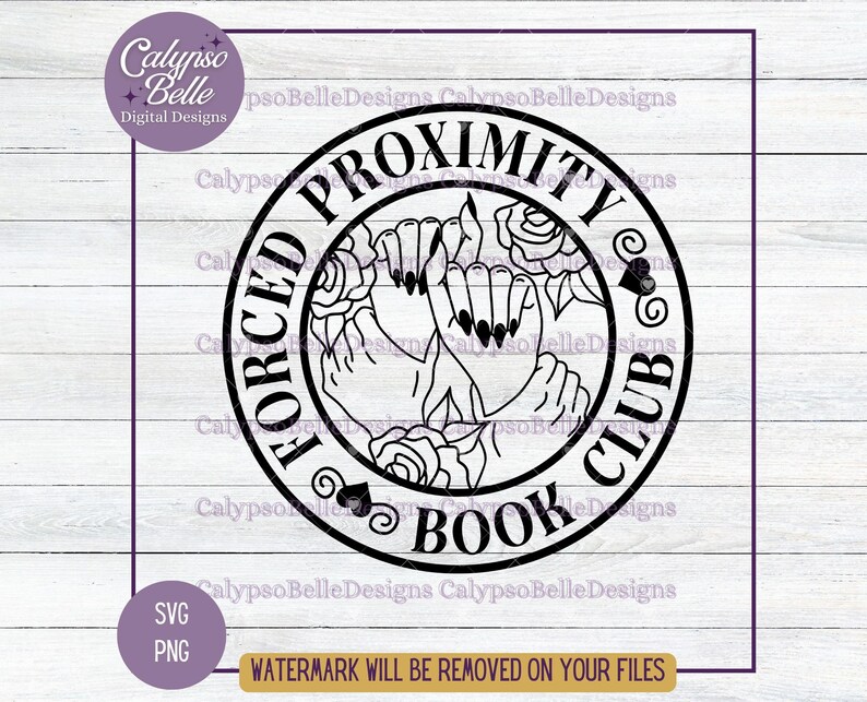 May include: Black and white graphic design of a circle with the text "Forced Proximity Book Club" and an illustration of two hands intertwined with flowers.