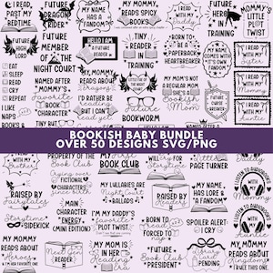 以下が含まれることがあります： SVG および PNG 形式の、本をテーマにした 50 以上のデザインのコレクションです。「Future Bookworm」、「My Mommy Reads Spicy Books」、「Bookish Baby Bundle」などのフレーズが特徴です。 デザインは白黒です。