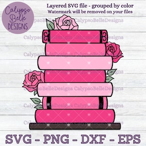 May include: A stack of six pink books with black outlines and a rose on top of each book. The books are stacked on a brown base.