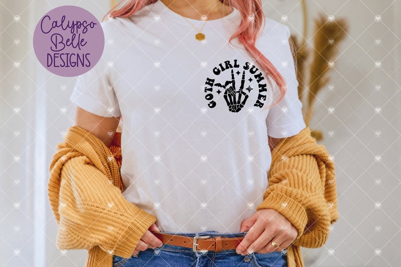 May include: A white t-shirt with a black graphic design that says "goth girl summer" with a skeleton hand making the peace sign.