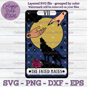 May include: A tarot card with a blue background and a yellow moon. The card depicts two hands reaching towards each other, a wolf howling at the moon, and a rose. The card is labeled "The Fated Mates" and has the Roman numeral VII in the top right corner.