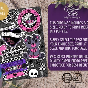 May include: Digital file with Emo-themed sticker designs. Includes a teddy bear, cassette tape, sneaker, and phrases like "Still Emo" and "Make America Emo Again." The stickers are in black, pink, and purple, perfect for printing.