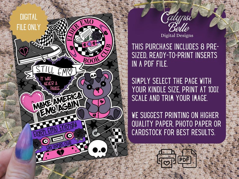 May include: Digital file with Emo-themed sticker designs. Includes a teddy bear, cassette tape, sneaker, and phrases like "Still Emo" and "Make America Emo Again." The stickers are in black, pink, and purple, perfect for printing.