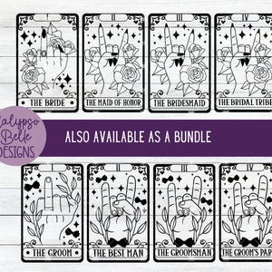 May include: Set of ten black and white tarot card style illustrations with a rock and roll theme. The cards feature a hand gesture with a ring on the finger, flowers, and text. The text on the cards includes "The Bride", "The Maid of Honor", "The Bridesmaid", "The Bridal Tribe", "The Groom", "The Best Man", "The Groomsmans", and "The Groom's Party".