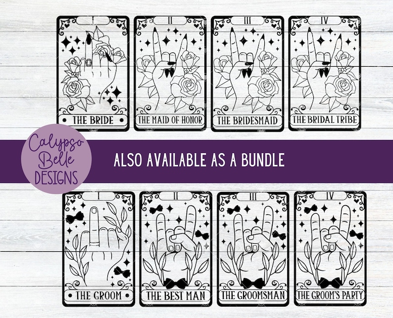 May include: Set of ten black and white tarot card style illustrations with a rock and roll theme. The cards feature a hand gesture with a ring on the finger, flowers, and text. The text on the cards includes "The Bride", "The Maid of Honor", "The Bridesmaid", "The Bridal Tribe", "The Groom", "The Best Man", "The Groomsmans", and "The Groom's Party".