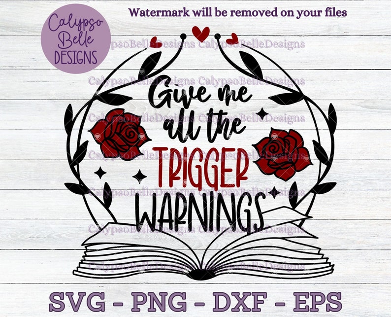 K&ouml;nnte beinhalten: Schwarzwei&szlig;es Grafikdesign mit einem Buch, Rosen und dem Text "Give me all the trigger warnings".