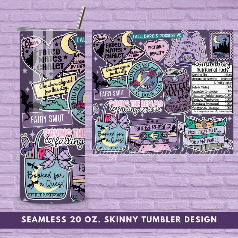 Fantasy Romance 20 oz Skinny Tumbler Wrap, Spicy Books png, Smut Reader, Romance Reader, Book Lover Tumbler, Sublimation Seamless Design image 3