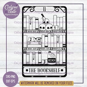 May include: A black and white illustration of a bookshelf with three shelves. The top shelf has a skull and crossbones and the text "KEEP OUT". The middle shelf has books and the text "KEEP OUT". The bottom shelf has books, a bottle of bleach, and the text "KEEP OUT". The bookshelf is labeled "THE BOOKSHELF".