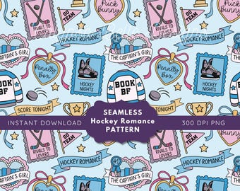 May include: Seamless hockey-themed pattern with light blue background. Features hockey sticks, skates, trophies, hearts, and text like "Hockey Romance" and "Rivals to Lovers." Includes a transparent background file.