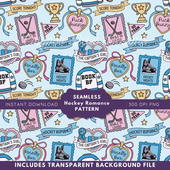 Book Lover Hockey Romance Tropes Seamless Pattern PNG, Enemies to Lovers, Bookish Pattern, Hockey PNG, Bookish Digital Paper, Wrapping Paper