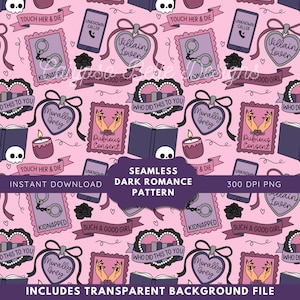 May include: Seamless dark romance pattern on a pink background. The design includes handcuffs, hearts, books, candles, and phrases like "Kidnapped" and "Touch Her & Die." The pattern also features a purple banner that says "Seamless Dark Romance Pattern".