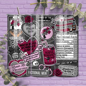 May include: A stainless steel tumbler with a black and gray background, decorated with stickers. The stickers feature text like "Mafia Boss Romance Lodge" and "Crime Lords Are My Type", along with images of roses, guns, and playing cards. A straw is inserted in the lid.